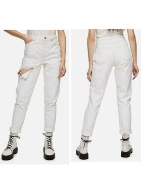 NWT TopShop White Distressed Ripped Thigh Mom Jeans size 10 32W NEW